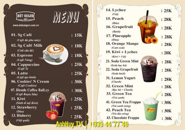 IN MENU TẠI ĐÀ NẴNG QUẢNG CÁO ANH HUY TV 0935447749 XUÂN DIỄM